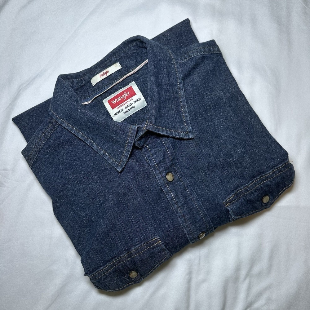 Wrangler Mens Western Denim Shirt Med Blue Indigo Pearl Snap Long Sleeve Retro - Picture 2 of 9
